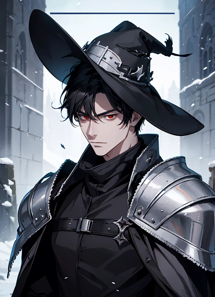 1man Gunslinger,Coldplace,fantasy, blackhair, cat ear, tall, glove, wearing hat, handsome, villian face, red eye, 21 yearold, wearing white winter armor, game of throne, male