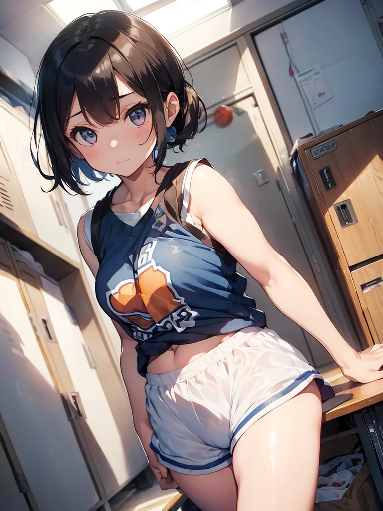 gym storeroom, shigure, ahoge, brown hair, blue eyes, braid, hair ornament, hair over shoulder, long hair, single braid, hair flaps, (masterpiece, best quality:1.2), illustration,8k,hd,long hair, single braid, clenched fist、white panties、white gym uniform、panty peeping, good, Wet, from below、Folded up gym clothes、camel toe、topless、small breasts