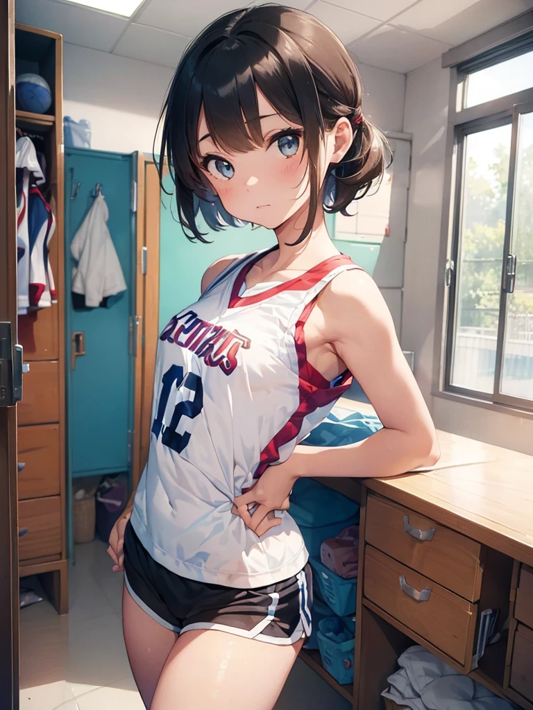 (), small breast  ,(masterpiece), best quality, extremely detailed, (watercolor), bloom, delicate and beautiful, illustration, (1girl:1.4), (solo:1.2), (medium breasts), (basketball jersey:1.3), basketball jersey, (basketball short shorts:1.2), beautiful eyes, ((short hair tied up)), photography, professional, canon camera, nikon camera, sharp, studio quality, fisheye lens, ((light hair)), ((locker room)), ((seductive face))
