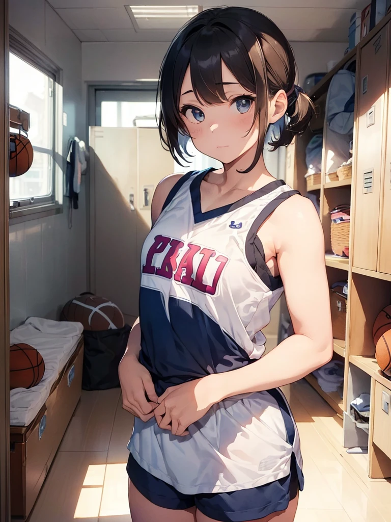 (), small breast ,(masterpiece), best quality, extremely detailed, (watercolor), bloom, delicate and beautiful, illustration, (1girl:1.4), (solo:1.2), (medium breasts), (basketball jersey:1.3), basketball jersey, (basketball short shorts:1.2), beautiful eyes, ((short hair tied up)), photography, professional, canon camera, nikon camera, sharp, studio quality, fisheye lens, ((light hair)), ((locker room)), ((seductive face))