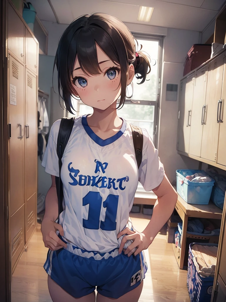 (), small breast  ,(masterpiece), best quality, extremely detailed, (watercolor), bloom, delicate and beautiful, illustration, (1girl:1.4), (solo:1.2), (medium breasts), (basketball jersey:1.3), basketball jersey, (basketball short shorts:1.2), beautiful eyes, ((short hair tied up)), photography, professional, canon camera, nikon camera, sharp, studio quality, fisheye lens, ((light hair)), ((locker room)), ((seductive face))