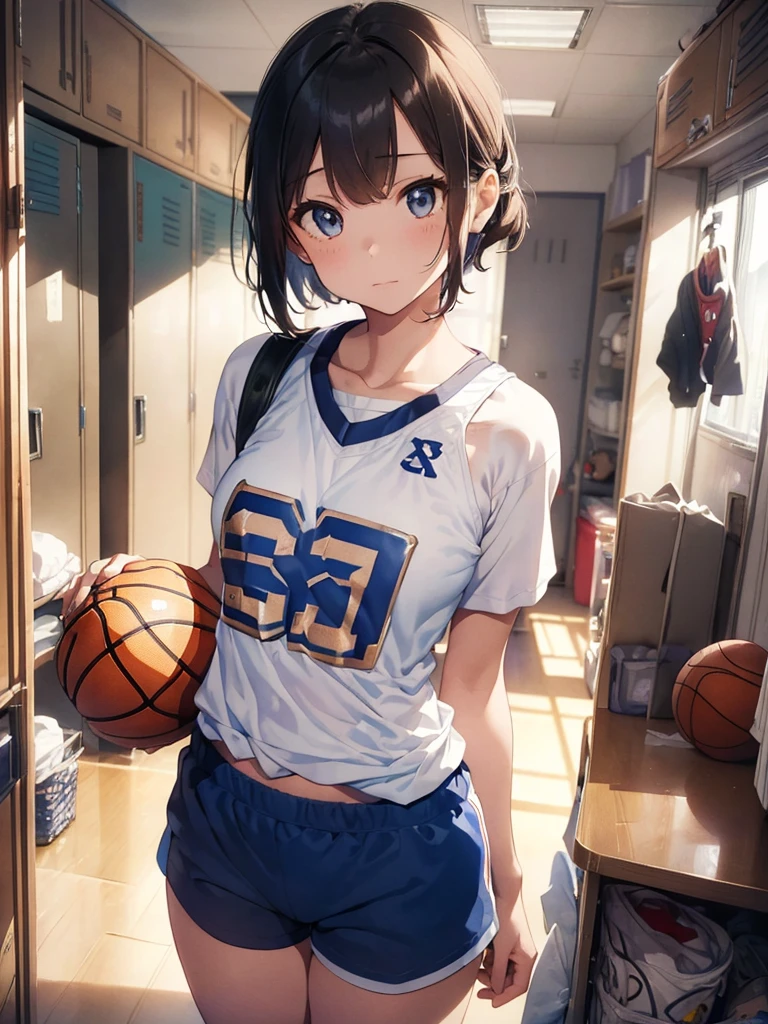 (), small breast  ,(masterpiece), best quality, extremely detailed, (watercolor), bloom, delicate and beautiful, illustration, (1girl:1.4), (solo:1.2), (medium breasts), (basketball jersey:1.3), basketball jersey, (basketball short shorts:1.2), beautiful eyes, ((short hair tied up)), photography, professional, canon camera, nikon camera, sharp, studio quality, fisheye lens, ((light hair)), ((locker room)), ((seductive face))