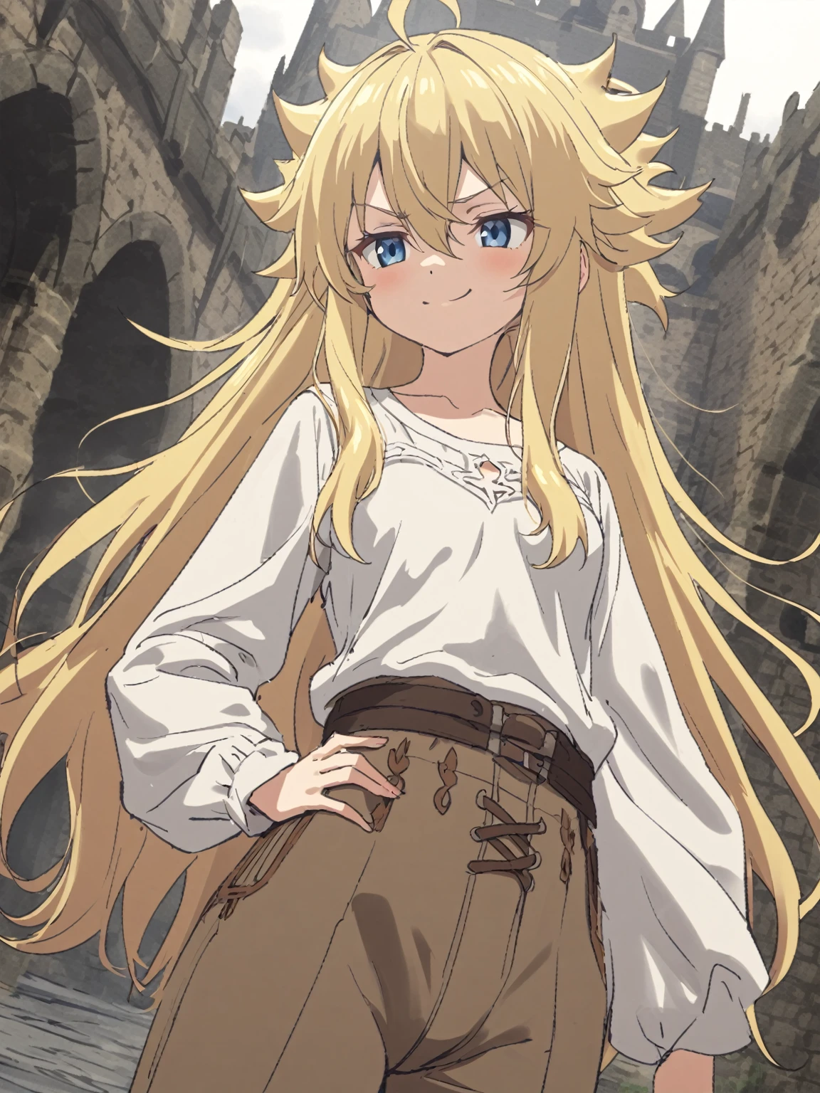 {{upper body, dutch angle}} {{Artist: sincos}} 1girl, blue eyes, blond hair, long hair, spiky hair, hair between eyes, long sidelocks, tied sidelocks, asymmetrical sidelocks, small breasts, young female, ahoge, white t-shirt, long sleeves, brown boots, light brown pants, smug, tsurime, hand on own waist, tall woman pov, medieval fantasy.