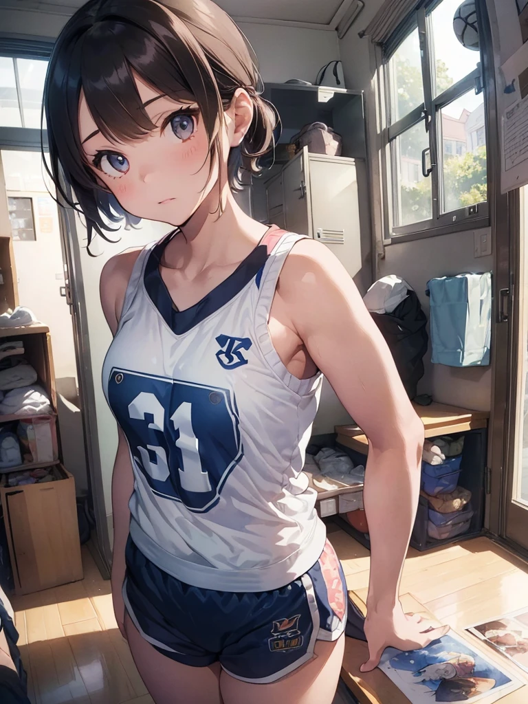 (), small breast ,(masterpiece), best quality, extremely detailed, (watercolor), bloom, delicate and beautiful, illustration, (1girl:1.4), (solo:1.2), (medium breasts), (basketball jersey:1.3), basketball jersey, (basketball short shorts:1.2), beautiful eyes, ((short hair tied up)), photography, professional, canon camera, nikon camera, sharp, studio quality, fisheye lens, ((light hair)), ((locker room)), ((seductive face))