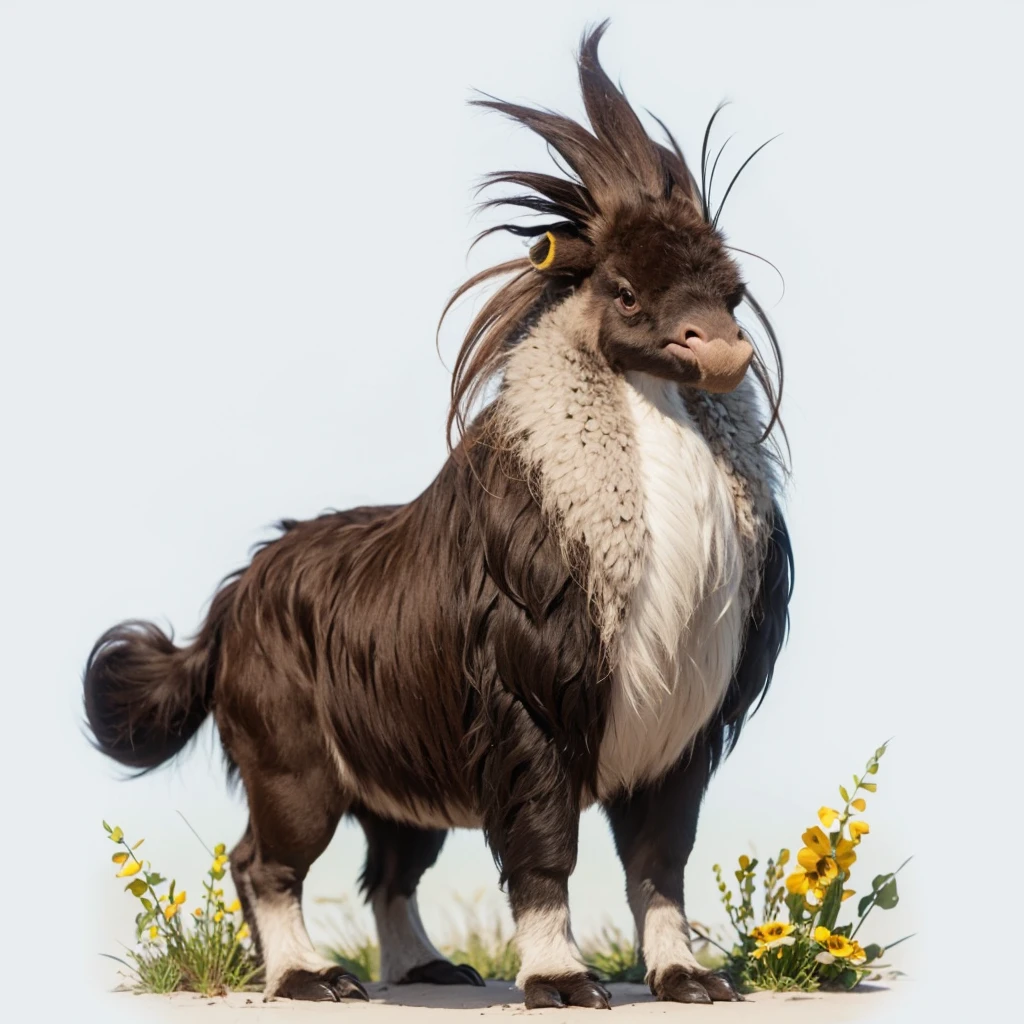 Small Animaly, has yellow stripes on his skin, his body is shaped like a mammoth but his face is like a emu and a ice, Grassroots background