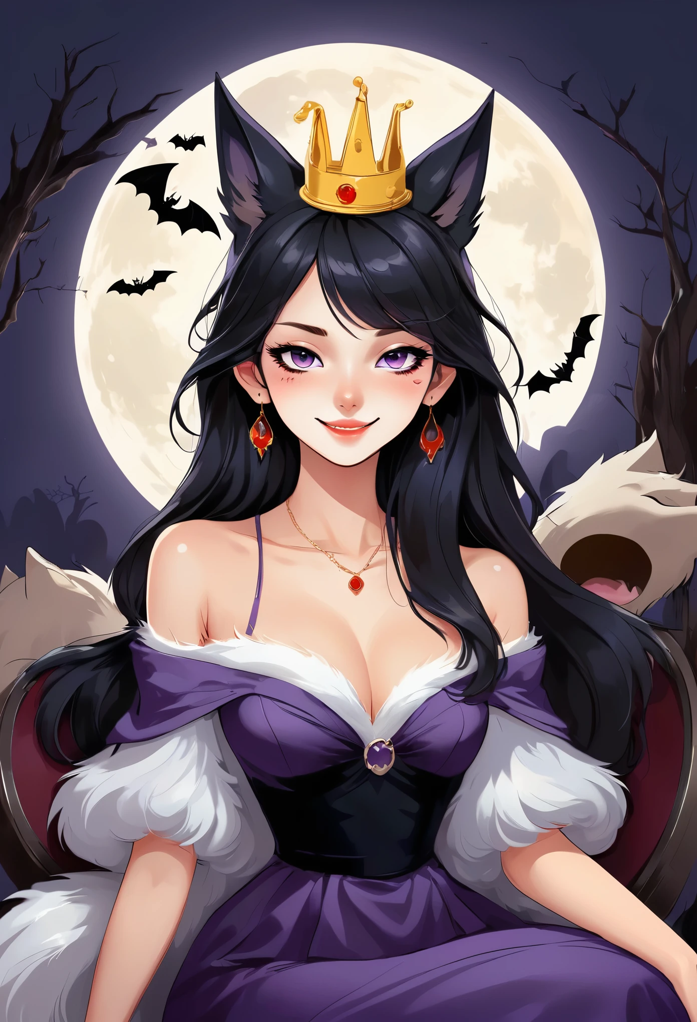 Vector，flat，Simple and smooth lines，A beautiful illustration：Big Bad Wolf:1.37.frying pan:1.37 Beautiful girl sitting elegantly，(((She has a beauty spot:1.37)))，Purple Eyes，Delicate lashes，Smile，Smooth skin，Long black hair，Wolf ears， Small Crown，Gorgeous red dress，温顺的Big Bad Wolf。Correct human anatomy，moonlight，bat