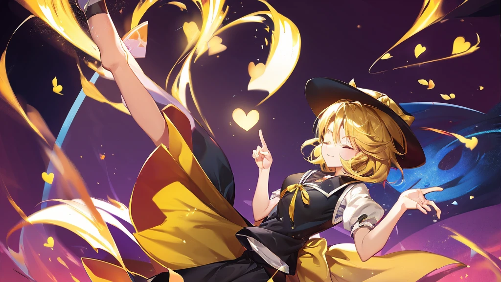1girl, , , masterpiece, best quality, , medium blonde hair, forehead visible bags, yellow eyes, hat, heart, black headwear, puffy short sleeves, log black skirt, heart hads,,1girl, solo, yellow eyes, yellow hair, bow, hat bow, socks, black footwear, black skirt, short sleeves, yuki (touhou), black vest, white sleeves, frill skirt, light smile, from behind, to lift up one’s skirt, cowboy shot, from front, standing , raise one leg, crossed arms, arms up behind, arms behind back, hand between legs, put hands hip, one hand on hip, forward hands, arms raised in the air, punch hands, peace sign, waving, put up index finger, sit, lie down, closed eyes, lie face down, looking back, put one hand chest, leaning forward, cleavage, close up, horizontally outstretched arms, horizontally outstretched legs, front view, front face