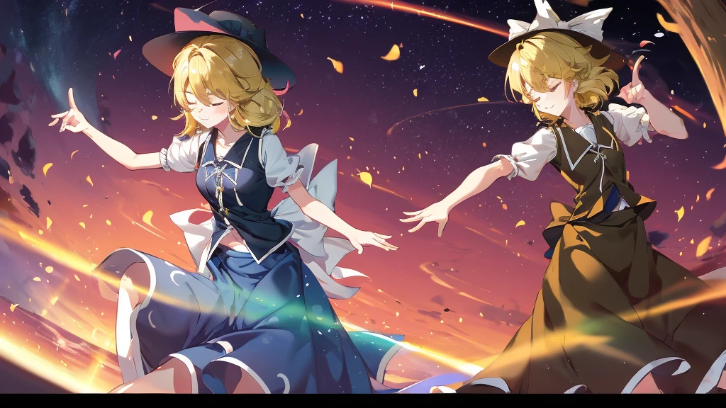 1girl, , , masterpiece, best quality, 10 years old, medium blonde hair, forehead visible bags, yellow eyes, hat, heart, black headwear, puffy short sleeves, log black skirt, heart hads,,1girl, solo, yellow eyes, yellow hair, bow, hat bow, socks, black footwear, black skirt, short sleeves, yuki (touhou), black vest, white sleeves, frill skirt, light smile, from behind, to lift up one’s skirt, cowboy shot, from front, standing , raise one leg, crossed arms, arms up behind, arms behind back, hand between legs, put hands hip, one hand on hip, forward hands, arms raised in the air, punch hands, peace sign, waving, put up index finger, sit, lie down, closed eyes, lie face down, looking back, put one hand chest, leaning forward, cleavage, close up, horizontally outstretched arms, horizontally outstretched legs, front view, front face
