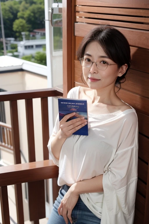 Highest quality、masterpiece、High sensitivity、High resolution、４５Old slim body、Glasses、Thin thighs、On the balcony、Laundry、