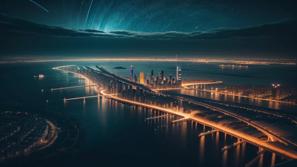 Night view from the plane,futuristic city:1.3,port,Flying spaceship,Skyscraper,masterpiece,best quality,Ultra-high resolution,(Very detailed:1.2),8K,Reality,best aesthetics,beautiful,Reduce the repetition of high-rise buildings and reduce the repetition of low-rise houses