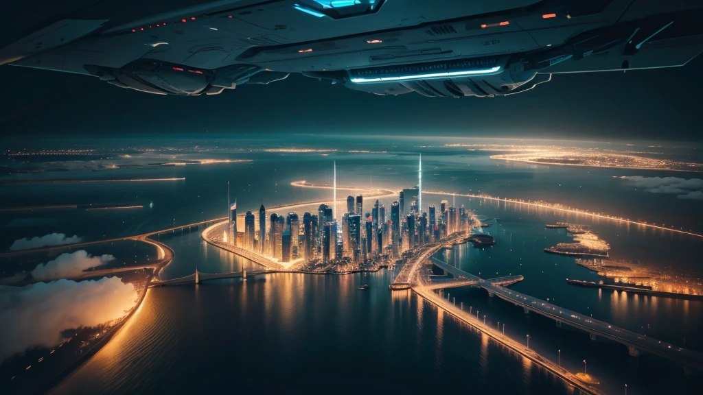 Night view from the plane,futuristic city:1.3,port,Flying spaceship,Skyscraper,masterpiece,best quality,Ultra-high resolution,(Very detailed:1.2),8K,Reality,best aesthetics,beautiful,Reduce the repetition of high-rise buildings and reduce the repetition of low-rise houses