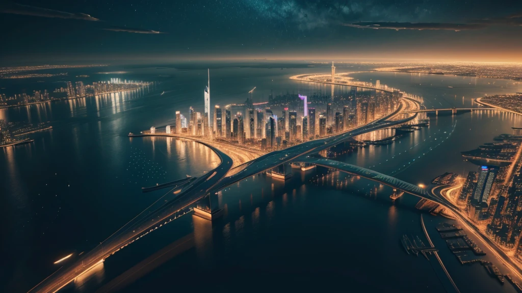 Night view from the plane,futuristic city:1.3,port,Flying spaceship,Skyscraper,masterpiece,best quality,Ultra-high resolution,(Very detailed:1.2),8K,Reality,best aesthetics,beautiful,Reduce the repetition of high-rise buildings and reduce the repetition of low-rise houses