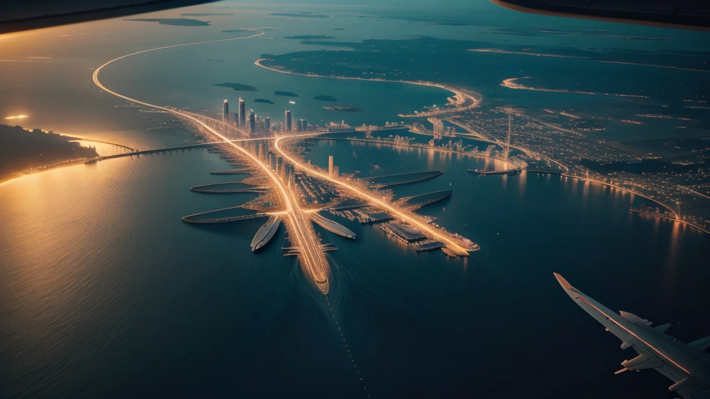 Night view from the plane,futuristic city:1.3,port,Flying spaceship,Skyscraper,masterpiece,best quality,Ultra-high resolution,(Very detailed:1.2),8K,Reality,best aesthetics,beautiful,Reduce the repetition of high-rise buildings and reduce the repetition of low-rise houses