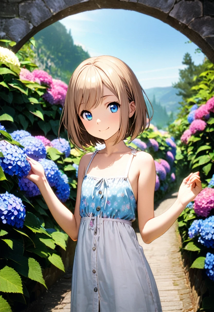 1 girl, 18yo, (flat chest: 1.5), blue eyes, light brown hair, bob cut, early summer outfit, smiling, posing, having fun, upper body, hydrangea garden with many colorful hydrangeas blooming on a slope, path, blue sky, 8k, RAW photo, best quality, masterpiece, extremely detailed 8k wallpaper, ultra-detailed, best shadow, detailed background, beautiful detailed face, beautiful detailed eyes, nice hands, perfect hands