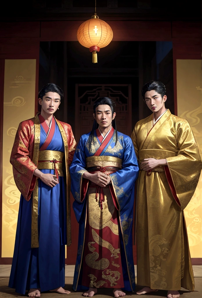 Three Asian men in traditional clothing pose for a photo, Hanfu, wearing ancient chinese clothes, traditional chinese dress, Robes with golden letters, Inspired by Emperor Xuande, brocade gown, classic robe, wearing golden robes, wearing flowing robes, wearing colorful silk clothes, blue gown, Dragon-inspired cloth robe, blue tunic and gown, blue gown을 입고