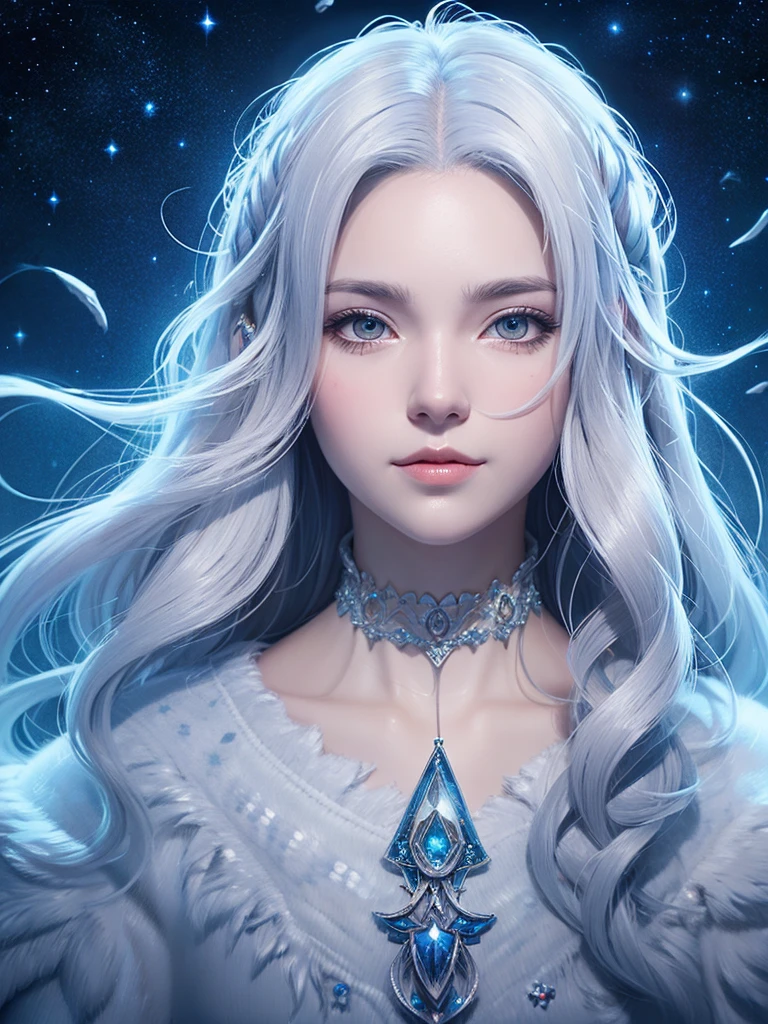 face to the viewer, in 8K,front, Looking at the camera, directly in front, Live Action, frontage, Headshot, realisitic, a picture,White hair, The goddess is enveloped in a mysterious starry sky, WLOP-inspired live-action art, art stations, Fantasy Art, artwork in the style of guweiz, Beautiful live-action style, cute detailed digital art, beautiful digital works of art, deviantart artstation cgscosiety, Beautiful gray-haired woman, Beautiful portrait, Azure. detailed hairs, loish and wlop, deep in the night
