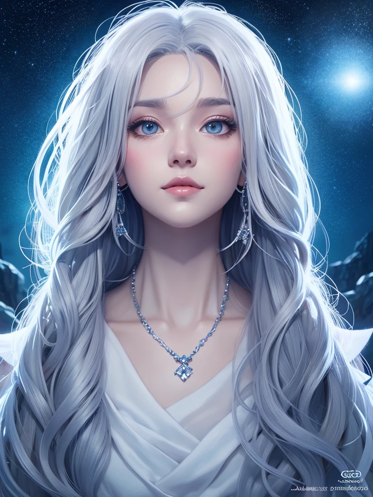 face to the viewer, in 8K,front, Looking at the camera, directly in front, Live Action, frontage, Headshot, realisitic, a picture,White hair, The goddess is enveloped in a mysterious starry sky, WLOP-inspired live-action art, art stations, Fantasy Art, artwork in the style of guweiz, Beautiful live-action style, cute detailed digital art, beautiful digital works of art, deviantart artstation cgscosiety, Beautiful gray-haired woman, Beautiful portrait, Azure. detailed hairs, loish and wlop, deep in the night