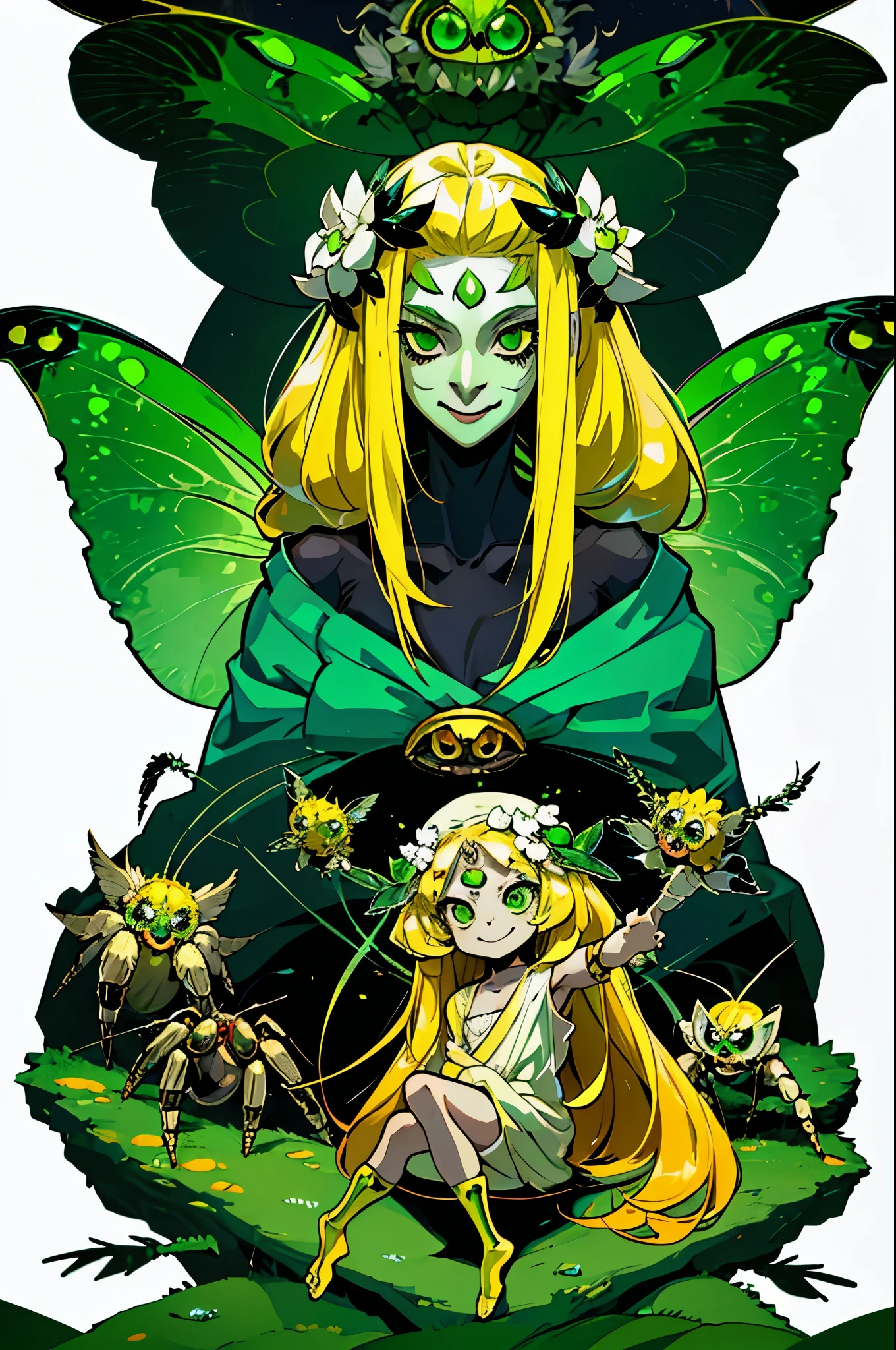 1girl, alone, chibi spider girl, monster musume, 9 , hairy thin long spider legs, dragonfly wings, moth antenas on head, blonde long hair, yellow hair, green clothes, green eyes, flat chest, smiling innocently, hades style, hadesstyle, hades2style, hades 2 style