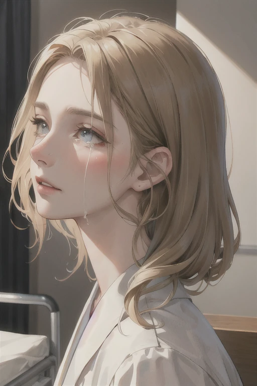 (masterpiece:1.2, Highest quality), (Live Action, Intricate details), 1 female, alone, Upper Body, casual, Long dark blonde hair, Minimal makeup, Natural materials, Close-up face, Hospital room,Equipped with a digital metronome, profile, face down, Are crying,