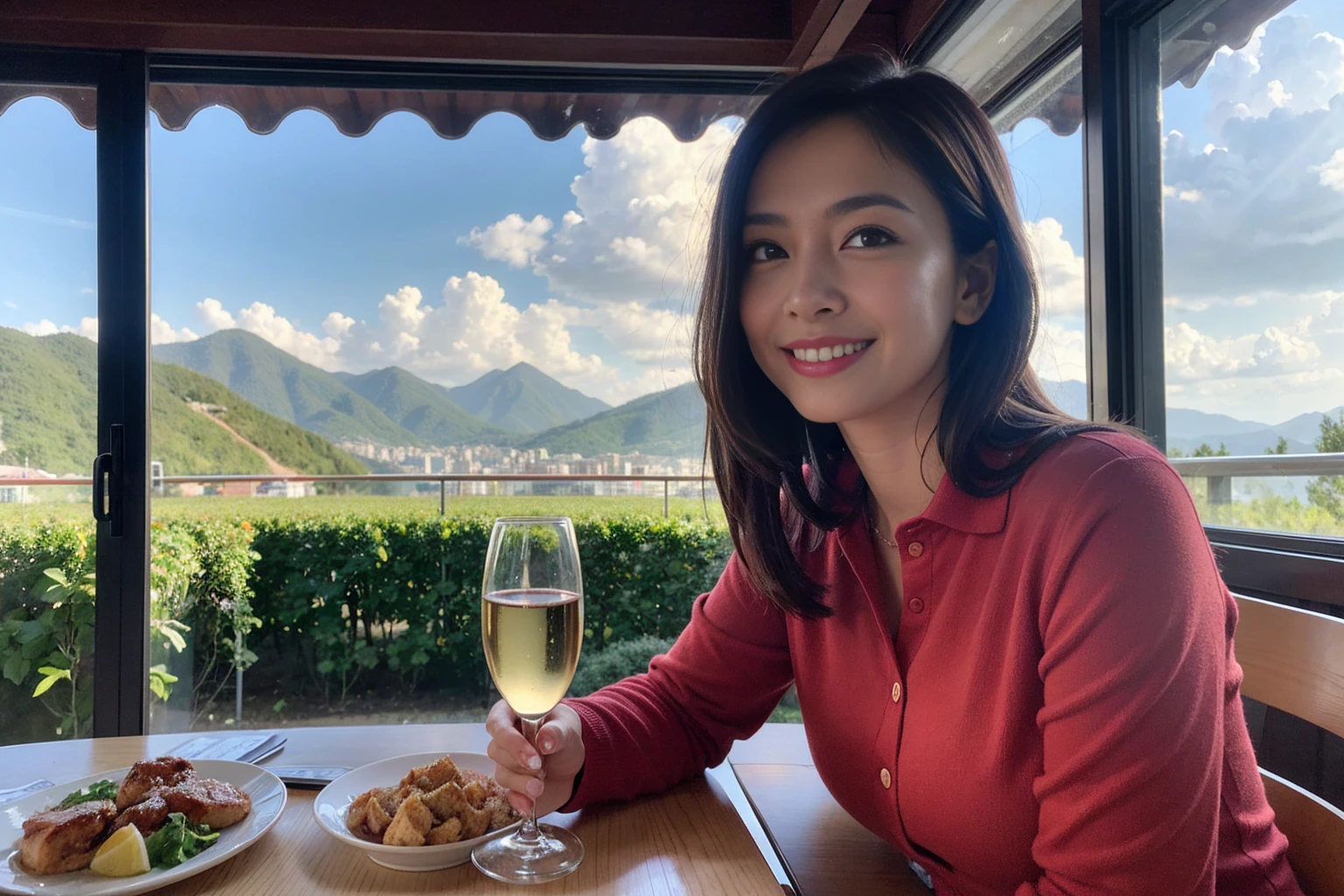 ((Highest quality、8k、masterpiece:1.3))、1 male、1 female、Couple、spouse、Couple、The body is slim、((Bob Hale、Straight hair:1.2)), (Realistic, Intricate details:1.2), テーブルの上のwine glass、Shine light on your face、 Amazing view of the sunset sky and clouds、Amazing mountain views、A bright smile、The wonderfulness of smile、Bright image、The beauty of wine, Beautiful Face, blue eyes, The light shines on your face, Blushing, short hair,Bright Face、 (Age 37), 39 years old, red wine 、Appetizers、Italian food、Wine bottle、Champagne、sparkling wine、Two beauties、Brown Hair、Shortcuts、Long sleeve shirt、dress、Pretty Woman 1, (slimな顔), (The body is slim), (Brown Hair), (Shortcuts), cheeks turn a little red,Attractive beauty、restaurant, In a prominent place (From the waist up) Nova Frog Style, actress, model, Upper Body, White wine, slim, wine glass, 中央に置かれたwine glass, smile, (smile: 1.15), Beautiful fine grain, Depth f/2,saturation, High Contrast, Strong light and shadow,Moist Body:1.5、3D texture、Delicate eyes、Brown Hair、The hair is very shiny、