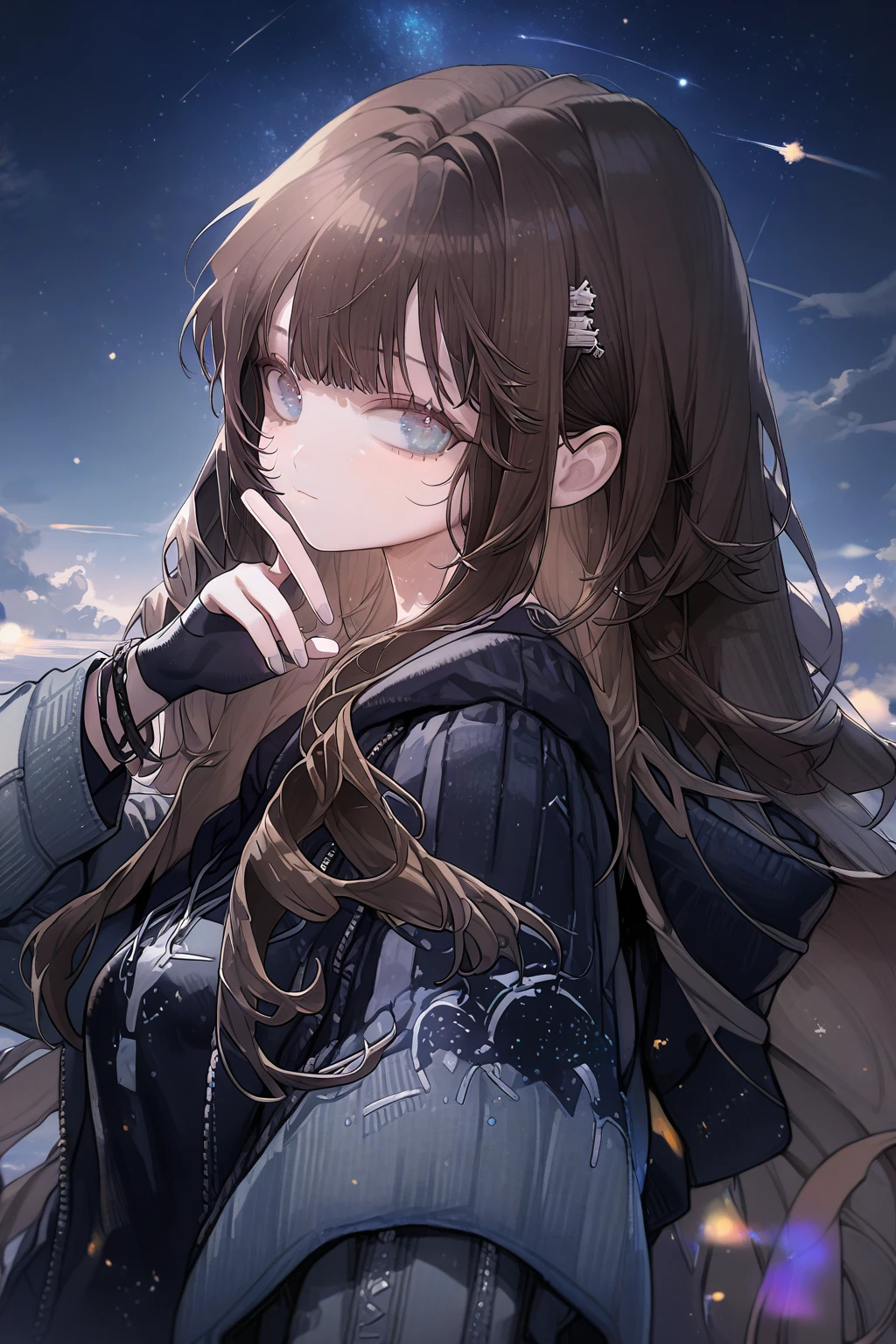 1 girl, CuteStyle, blue eyes, brown hair, long hair with bangs, upper body, flowing hair, dressed in a black hoodie and gray jeans, black fingerless gloves, looking at the viewer, calm gaze, sky, night sky, sky studded with stars, comets, dark, detailed, beautiful, delicate tones