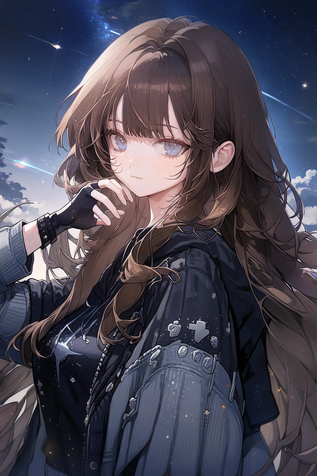 1 girl, CuteStyle, blue eyes, brown hair, long hair with bangs, upper body, flowing hair, dressed in a black hoodie and gray jeans, black fingerless gloves, looking at the viewer, calm gaze, sky, night sky, sky studded with stars, comets, dark, detailed, beautiful, delicate tones