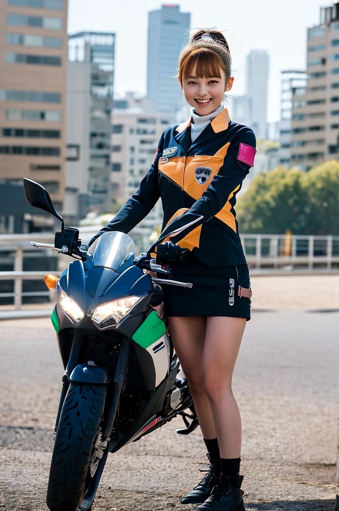 Glowing Korean beauty with cybernetic arm,(Transparent and revealing clothing:1.3, ),(Cyber Girl is、Ride through a futuristic city on a colorful, custom-painted green Kawasaki Ninja motorcycle:1.3),mini skirtを履いてバイクに跨り白いパンティが見えてます、kawasaki ninja250、Showing her white panties.、 (Ultra mini skirt:1.3)、Shiny light brown and orange striped ponytail hair,Cute Smile,Perfect round face,A bright smile that makes everyone happy,Proper body balance,Tabletop,Ultra-high quality output images,High resolution,Intricate details,Very delicate and beautiful hair,Realistic photos,dream-like,Professional Lighting,Realistic Shadows,Focus Only,Beautiful Hands,Beautiful fingers,Detailed functions of the fingers,Detailed characteristics of the garment,Detailed characteristics of hair,Detailed facial features,