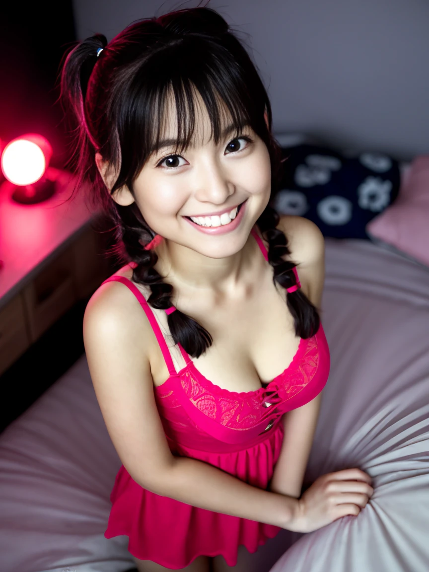 ((dark, small and dirty room))、16 year old Japanese、Baby Face、Big Breasts、Accentuate your cleavage、Light red camisole dress、Big eyes、黒Big eyes、Stand next to the bed、You can see beautiful thighs、Very short、顔がとてもsmall、(Red Light District)、(Prostitute)、Sexy pink lights、small, dark room、Short pigtails,((From above)),(Smiling with teeth showing:1.4)