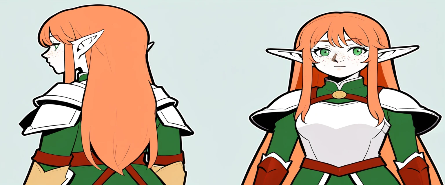 （The same character，front，side，back），Simple background，（whole body）girl，Orange hair，Self-made roll，Long hair，Green eyes，Look straight ahead，Freckles on the face，Armor，Elf ears