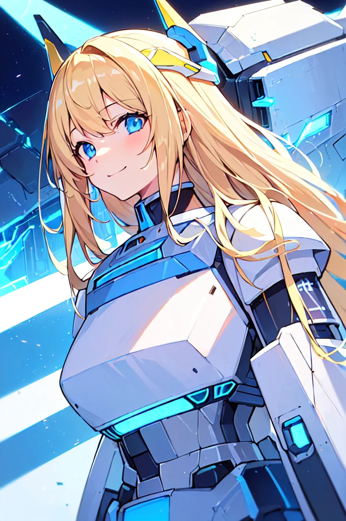 [(WHITE BACKGROUND:1.5),::5], masterpiece, absurdres, best quality, best aesthetic, ultra detailed, 1girl, solo, ((blond hair)), long hair, blue eyes, science fiction, (mecha musume:1.4), mechanical parts, headgear, v-fin, mechanical wing, angel mechanical Armor, smile face, ((neon light blue)), upper body, Anime style