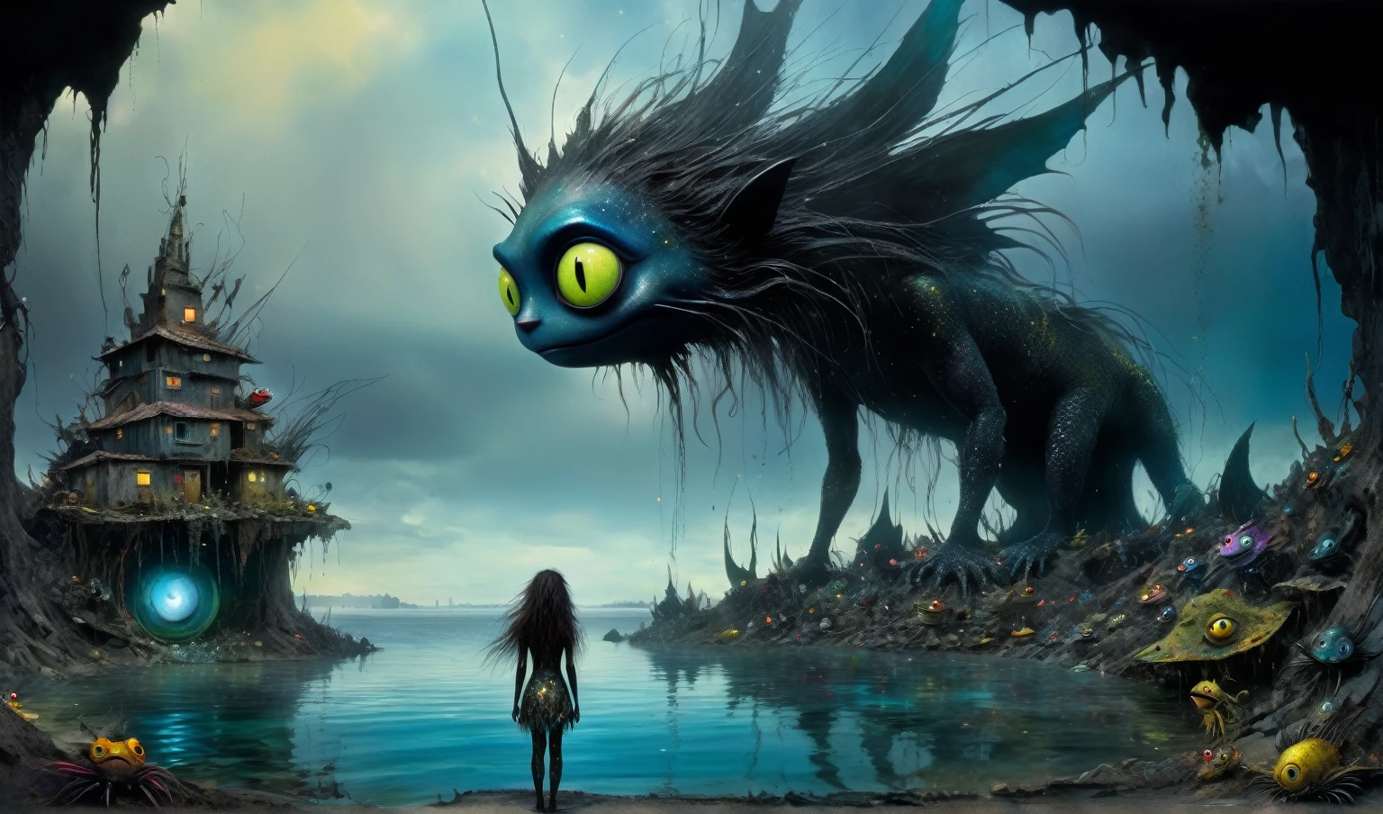 A girl with black hair and brown bangs in the waters of the ocean with large, dark creatures