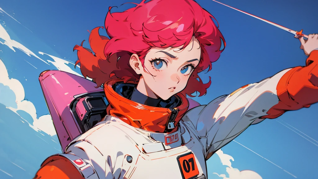 A cartoon character wearing a space suit and flying an airplane, Portrait Anime Astronaut Girl, Pilot Girl, cute Pilot Girl, Lo-fi Girl, Akira art style, Macross Style, Akira-style illustration, style of akira motion movie, M cross, Akira Vibe, Inspired by Josan Gonzalez, Lofi Art, Admire the art style, 80s anime art style,girl,Shortcuts