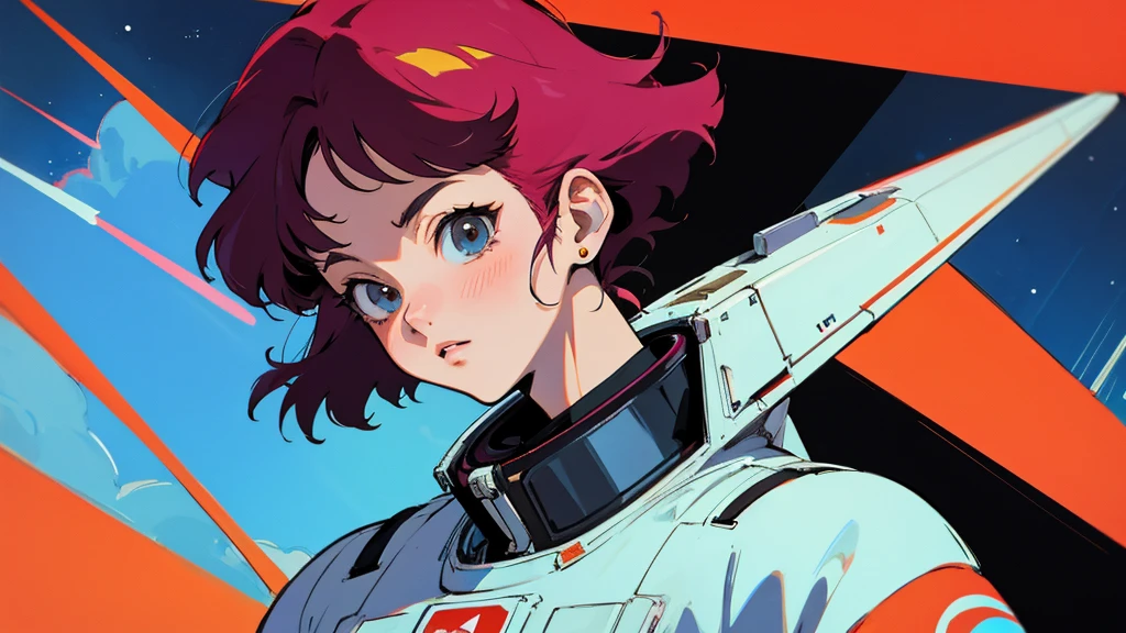A cartoon character wearing a space suit and flying an airplane, Portrait Anime Astronaut Girl, Pilot Girl, cute Pilot Girl, Lo-fi Girl, Akira art style, Macross Style, Akira-style illustration, style of akira motion movie, M cross, Akira Vibe, Inspired by Josan Gonzalez, Lofi Art, Admire the art style, 80s anime art style,girl,Shortcuts