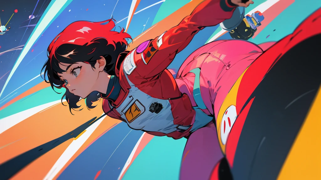 A cartoon character wearing a space suit and flying an airplane, Portrait Anime Astronaut Girl, Pilot Girl, cute Pilot Girl, Lo-fi Girl, Akira art style, Macross Style, Akira-style illustration, style of akira motion movie, M cross, Akira Vibe, Inspired by Josan Gonzalez, Lofi Art, Admire the art style, 80s anime art style,girl,Shortcuts