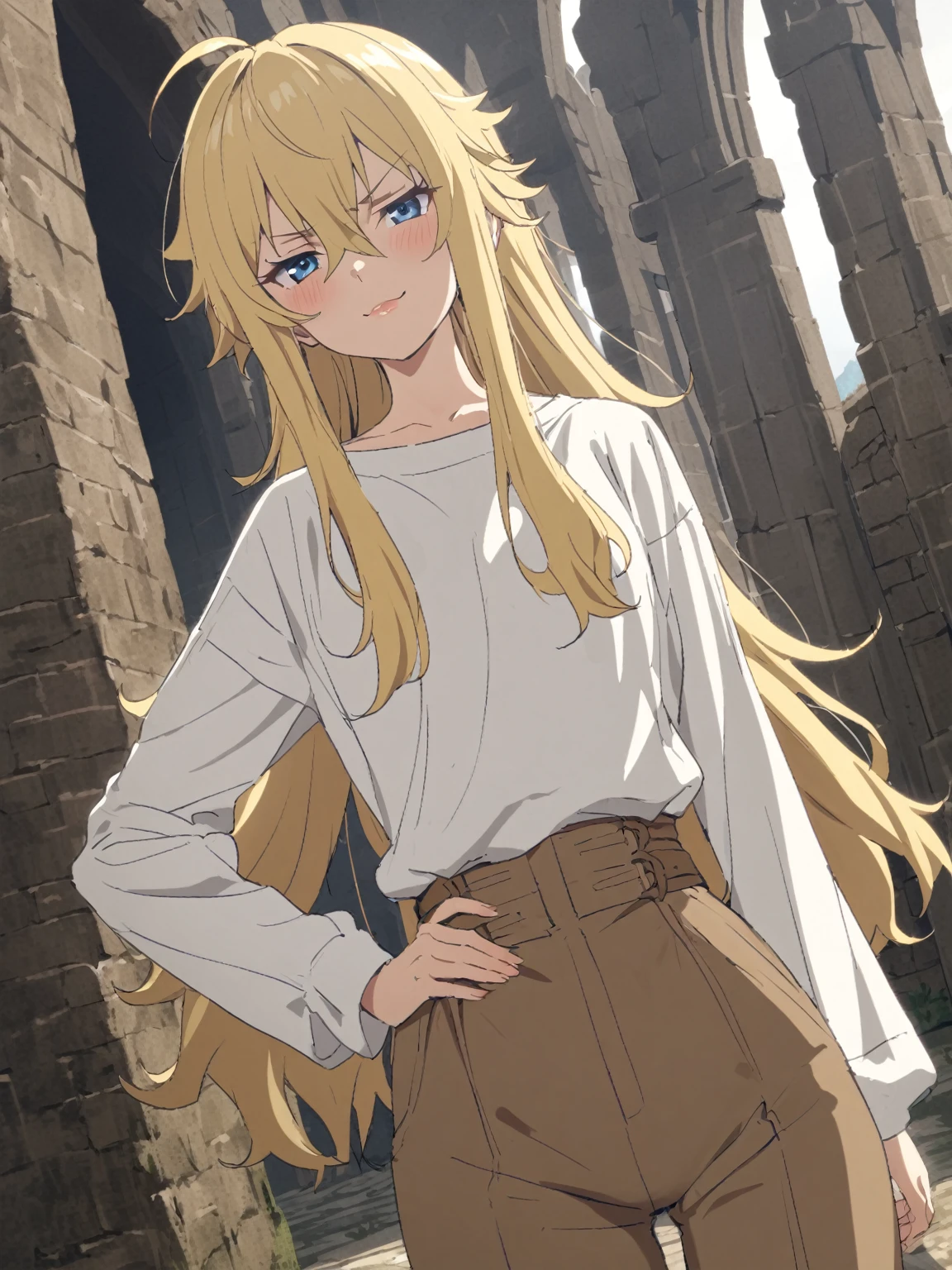 {{upper body, dutch angle}} {{Artist: sincos}} 1girl, blue eyes, blond hair, long hair, spiky hair, hair between eyes, long sidelocks, tied sidelocks, asymmetrical sidelocks, small breasts, young female, ahoge, white t-shirt, long sleeves, brown boots, light brown pants, smug, tsurime, hand on own waist, tall woman, lips, pov, medieval fantasy.