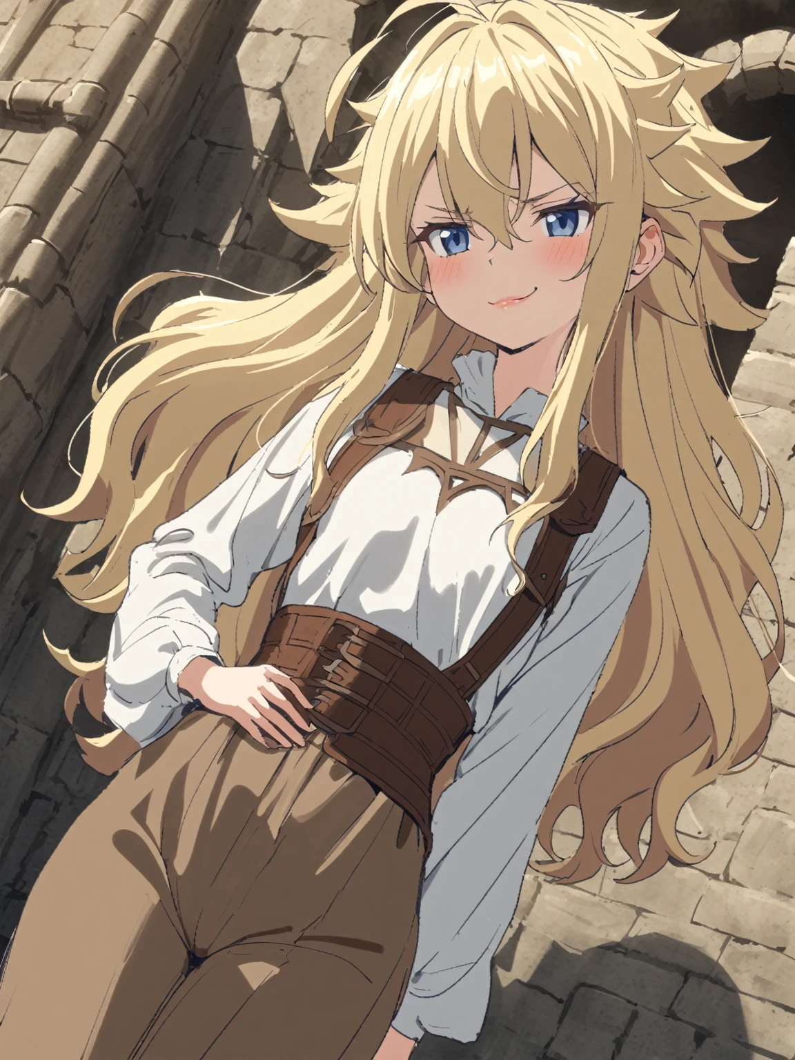 {{upper body, dutch angle}} {{Artist: sincos}} 1girl, blue eyes, blond hair, long hair, spiky hair, hair between eyes, long sidelocks, tied sidelocks, asymmetrical sidelocks, small breasts, young female, ahoge, white t-shirt, long sleeves, brown boots, light brown pants, smug, tsurime, hand on own waist, tall woman, lips, pov, medieval fantasy.