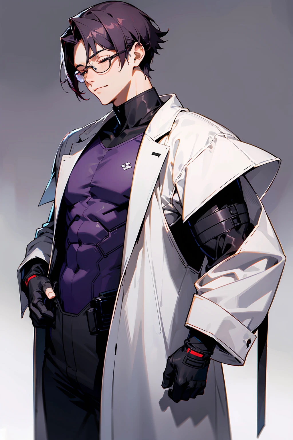 1male, Young Adult, Dark Violet Hair, Eyes Closed, Short Hair, Dojo Background, Slight Smile, Glasses, Standing In City, Detailed background, Black and White Combat Suit, White Coat