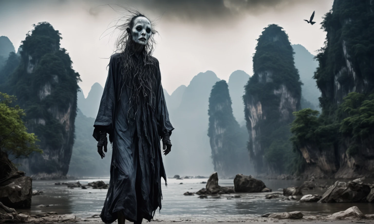full body length shot,beggar graphite Manganite sparas, wants eat,survival in Korean city of future,Cinematic,soft colors, Technicolor,natural skin textures, hyper realism, hyper detailed,Extremely detailed,High contrast,Masterpiece,Realistic,Ultra Detailed, intricate details,realistic humid leather,extremely intricate,Epic Realistic, cinematic style,irina yermolova,high contrast,hdr,extremely detailed, [deep night landscape],masterpiece,intricate details,faded,eyes extremely detailed, high detailed eyes,16k resolution,RAW,retina, Nikon Z9,China,Songbird,orc,Li River in Guangxi Zhuang of China,tkt style, Pisces, pointed ears，perfect, ginger，transition between two art styles, Ink painting to photorealism, Double contact, X-ray, Creative, vivid light, masterpiece, fantasy, Abstract, Surrealism, super detailed, high resolution, stop:35,(((creature with a spectral and ghostly appearance)). Her skin is pale, almost translucent.strange wears dark, torn clothes that float around him, as if permeated by an aura of mourning. Its appearance is complemented by details such symbols of  gothic elements, further emphasizing its dark air. is portrayed as a haunted and tormented entity,{creature}