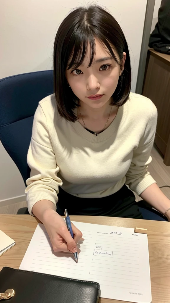 One Woman,Sit at a desk,make plans,Write in a note,Gaze is a notebook,Detailed Background,Simple and tidy room,