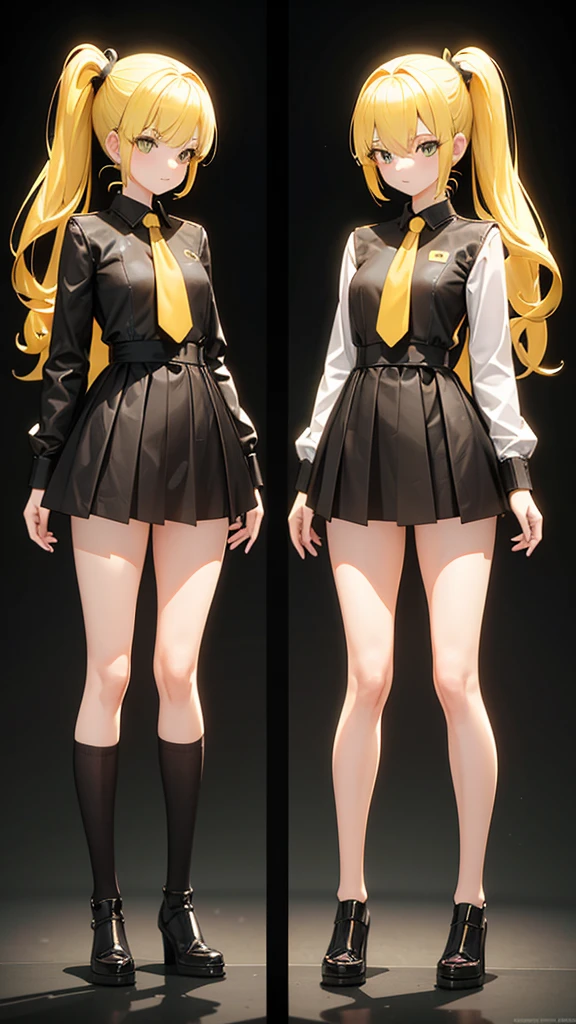girl in a very short skirt, yellow hair twin ponytail on both sides, full height, bottom views without panties, 3D wallpaper.