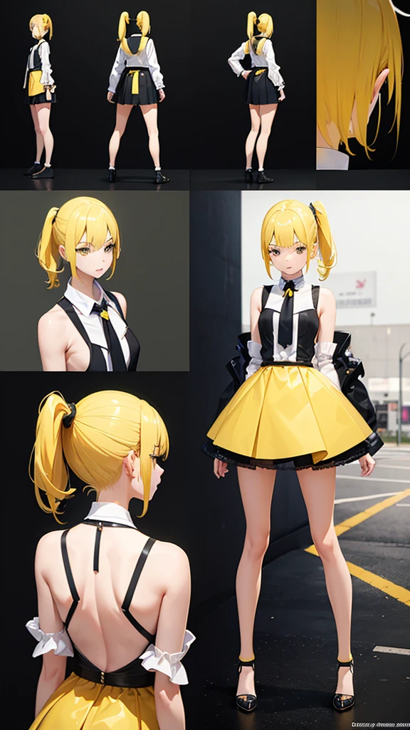 girl in a very short skirt, yellow hair twin ponytail on both sides, full height, bottom views without panties, 3D wallpaper.