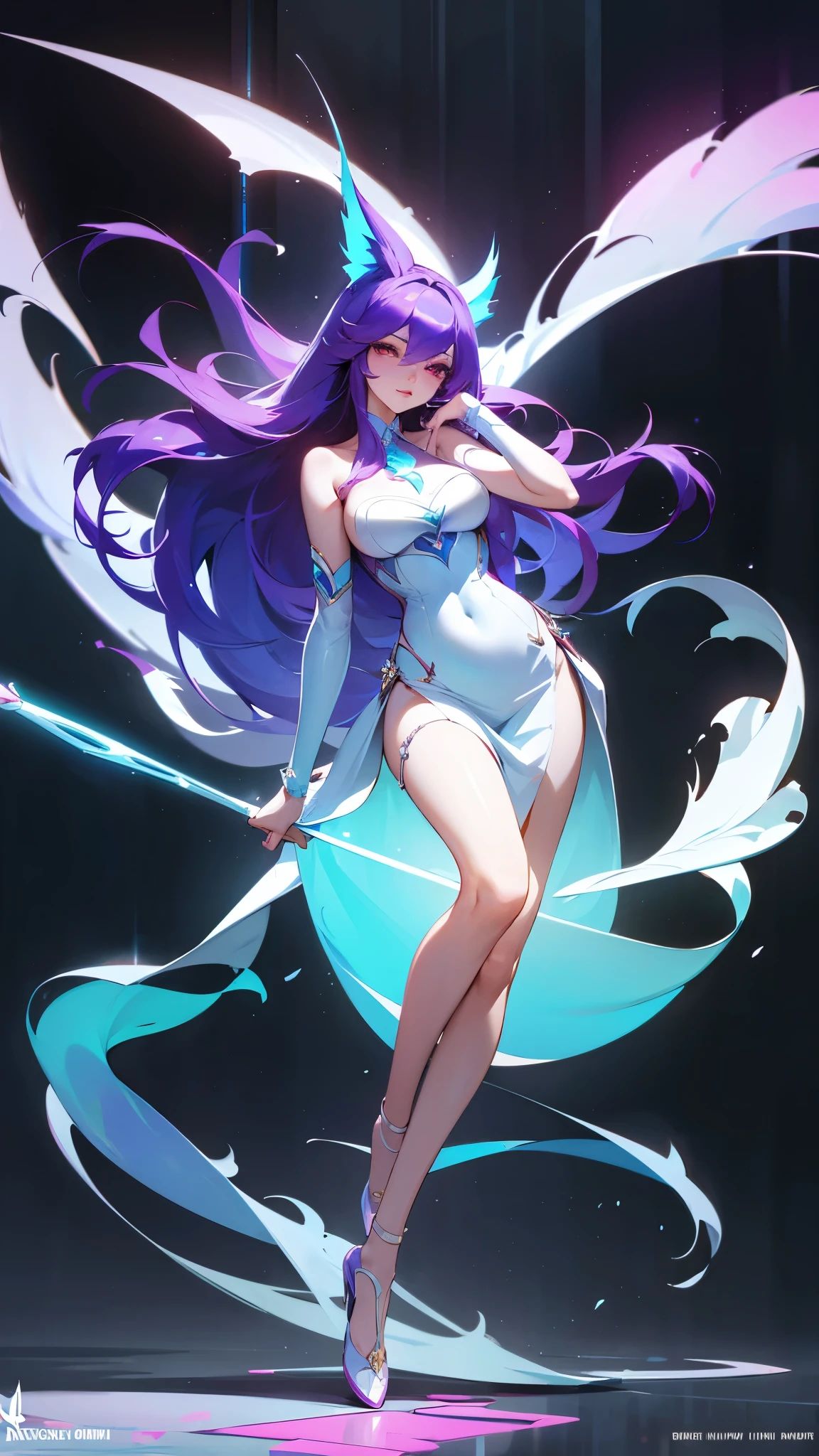 League of Legends Ahri，Full body photo，Normal pose，Background is indoor，Front light，Fashion-forward futuristic clothing, Elegant figure, Full figure, Revealing clothes, Very sexy, Beautiful goddess woman, Open dress, masterpiece，Best quality，Various postures，Very rich facial details，Delicate eyes