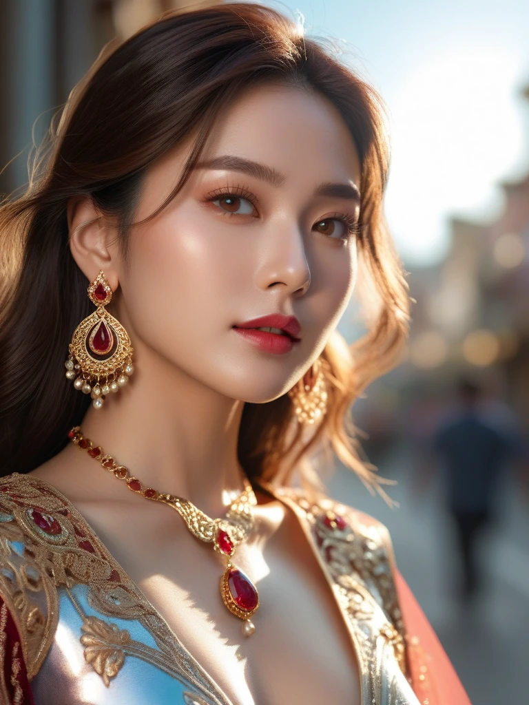 Asian super woman with long brown hair, age 20, possessing stunning beauty with intricate facial details and a flawless body. Adorned with gold earrings and a ruby necklace, she wears a silver dress featuring intricate details. The photo is captured in 8K quality, showcasing luxurious and gorgeous colors under the sunlight on the street. The focus is on her, with a close-up shot highlighting clear angles of her face and eyes, illuminated by the bright sunlight