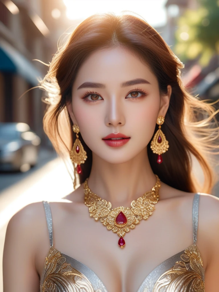 Asian super woman with long brown hair, age 20, possessing stunning beauty with intricate facial details and a flawless body. Adorned with gold earrings and a ruby necklace, she wears a silver dress featuring intricate details. The photo is captured in 8K quality, showcasing luxurious and gorgeous colors under the sunlight on the street. The focus is on her, with a close-up shot highlighting clear angles of her face and eyes, illuminated by the bright sunlight