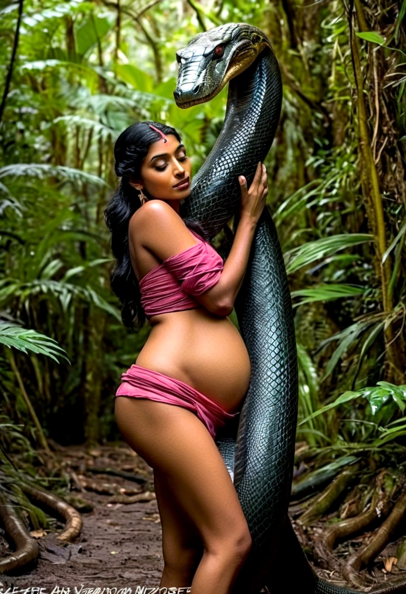 Pregnant Topless pink thong wearing aroused horny beautiful happy young Indian girl vs Giant black anaconda monster wrapped around her body squeezing her in coiled embrace cuddling and kissing sexual erotic bestiality sex realistic in the rainforest full body, best quality wet