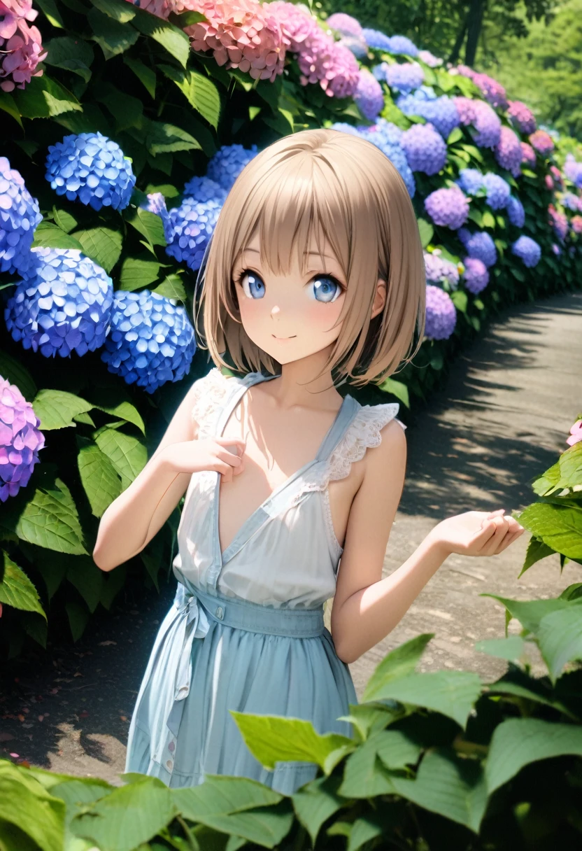 1 girl, 18yo, (flat chest: 1.5), blue eyes, light brown hair, bob cut, early summer outfit, smiling, posing, having fun, upper body, hydrangea garden with many colorful hydrangeas blooming on a slope, path, blue sky, 8k, RAW photo, best quality, masterpiece, extremely detailed 8k wallpaper, ultra-detailed, best shadow, detailed background, beautiful detailed face, beautiful detailed eyes, nice hands, perfect hands