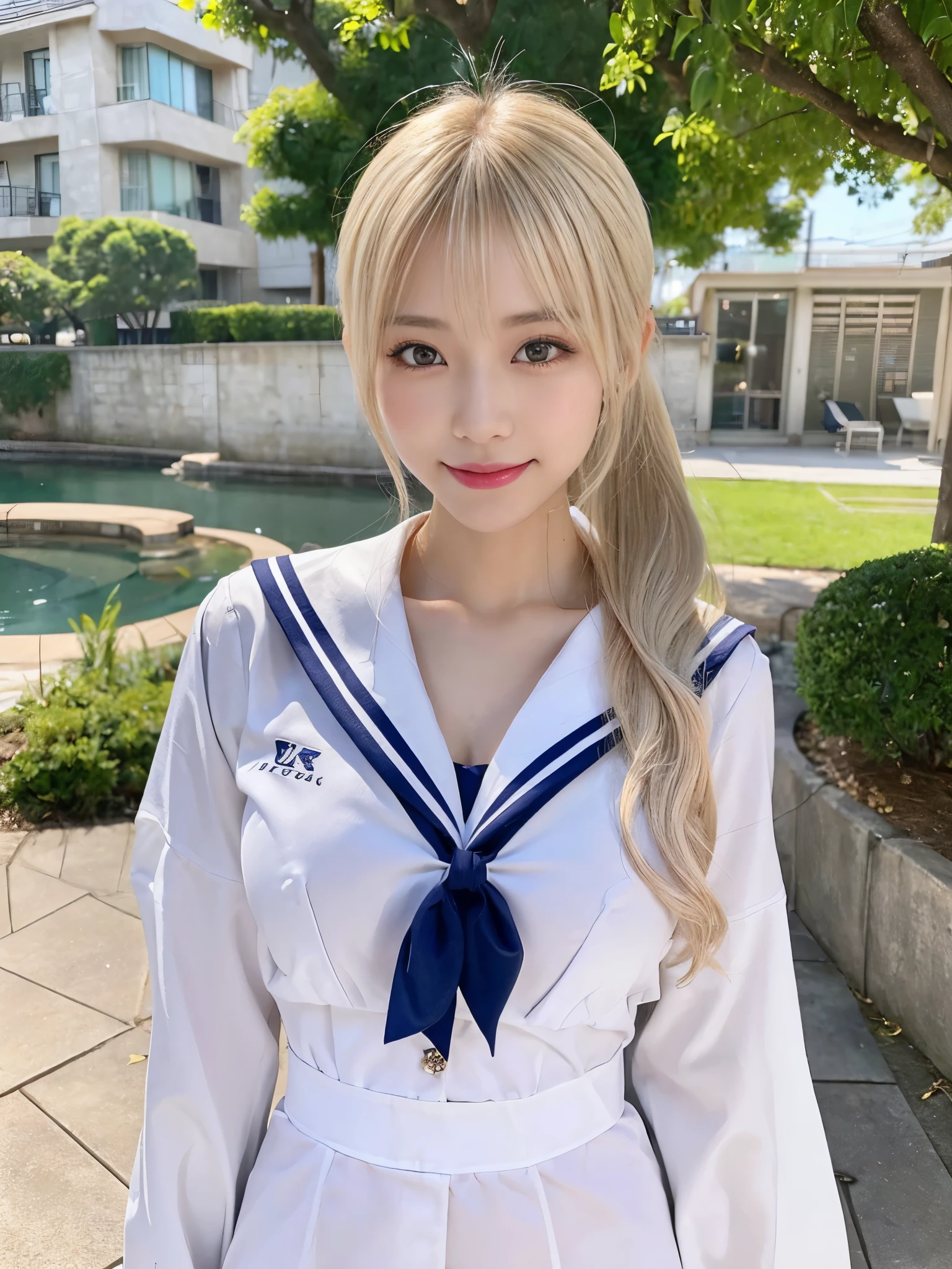(Cowboy Shot:1.3),( Masterpiece, Highest quality), 98k, ((Perfect Anatomy:1.2)),Beautiful Japanese Women, Succubus,(One person:1.3), 20-year-old, Small face,(Cute face:1.2),Smiling, Larger breasts, ,Beautiful and detailed eyes, Evenly spaced eyes 1.2, long platinum blonde hair,(ponytail:1.2), (Highly detailed face and skin texture), Beautiful face in golden proportions,White skin,(Sailor suit:1.2),Random sexy poses、(Expose the valley:1.3),(Exposing your thighs:1.2),Gal Makeup