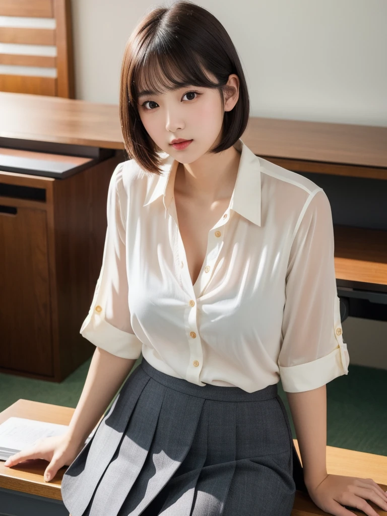最high quality,8K,Vibrant,Sharp focus,high quality,High resolution,(whole body),(Very slim and delicate body),Young face,(White shirt with buttons and collar),(Tight Skirt),Short Hair,A kind smile,Very small breasts,Spread your legs out to the side