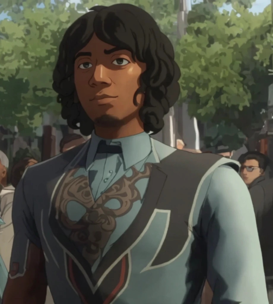 He wears a long sleeve, desaturated teal shirt with an elaborate design in black and red on the chest, African-American small resemblance to Richard Ayoade 