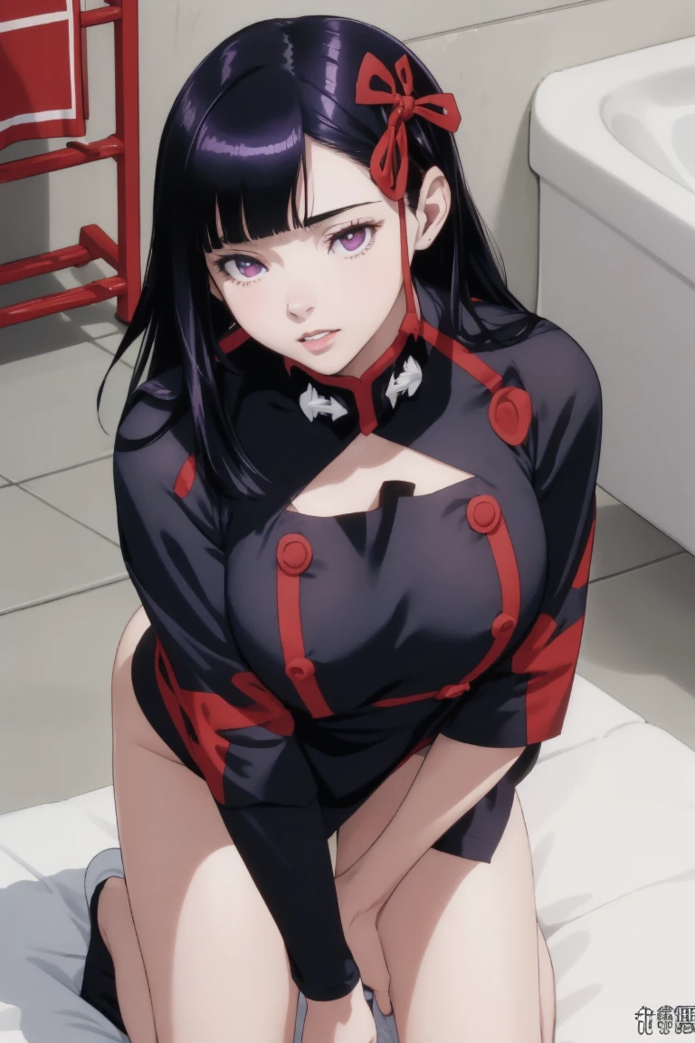 ((best quality)), ((masterpiece)), (detailed), (high resolution), perfect face, 1 Women, (violet slit eyes:1.3), (long black hair), Straight across bangs, (grown-up face:1.4), parted lips, A little big breasts, (naked towel:1.2), (holding towel:1.2), (towel on leg), lower body, (leaning forward:1.3), (molest), Stimulating, (Embarrassed face), (orgasm:1.2), (anime coloring:1.1), Stimulating, (Yamashiro Ren), Mato Seihei no Slave, looking at viewer, a red hair ribbon, 2d, illustration, 1old man, couple, hetero, wife cheating